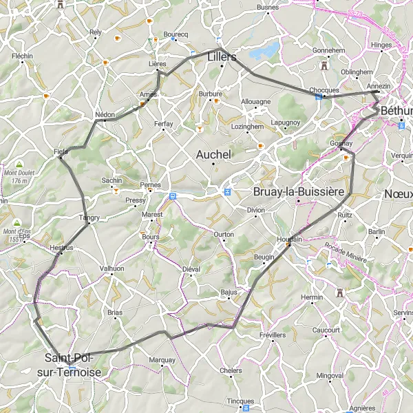 Miniature de la carte de l'inspiration cycliste "Vers Saint-Pol-sur-Ternoise et Amettes" dans la Nord-Pas de Calais, France. Générée par le planificateur d'itinéraire cycliste Tarmacs.app