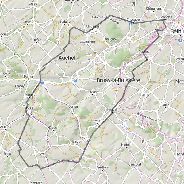 Miniature de la carte de l'inspiration cycliste "Les collines de Gosnay et de Cauchy-à-la-Tour" dans la Nord-Pas de Calais, France. Générée par le planificateur d'itinéraire cycliste Tarmacs.app