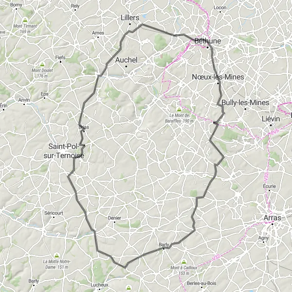 Map miniature of "Challenge in the Hills" cycling inspiration in Nord-Pas de Calais, France. Generated by Tarmacs.app cycling route planner