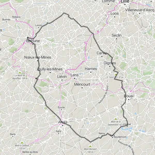Miniature de la carte de l'inspiration cycliste "De Annezin à Arras et Mont-Saint-Éloi" dans la Nord-Pas de Calais, France. Générée par le planificateur d'itinéraire cycliste Tarmacs.app