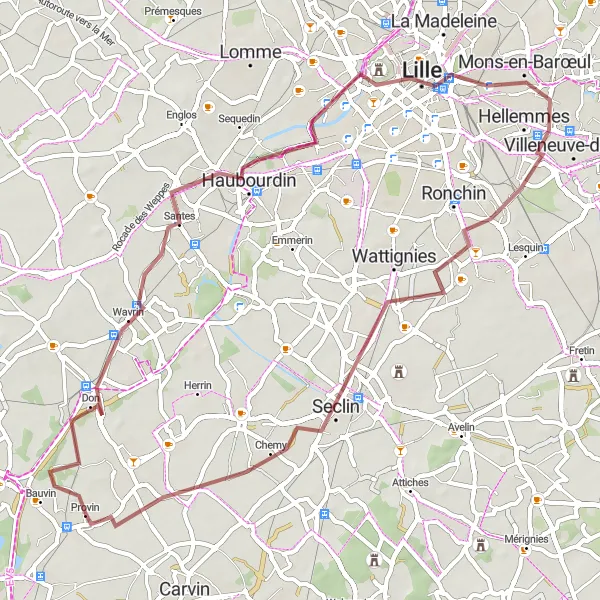 Miniature de la carte de l'inspiration cycliste "Boucle gravel vers Seclin" dans la Nord-Pas de Calais, France. Générée par le planificateur d'itinéraire cycliste Tarmacs.app