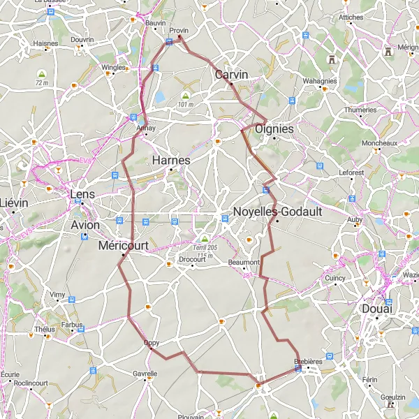 Miniature de la carte de l'inspiration cycliste "Exploration de Dourges à Pont-à-Vendin" dans la Nord-Pas de Calais, France. Générée par le planificateur d'itinéraire cycliste Tarmacs.app