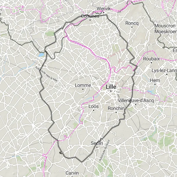 Miniature de la carte de l'inspiration cycliste "La Boucle des Villages Typiques" dans la Nord-Pas de Calais, France. Générée par le planificateur d'itinéraire cycliste Tarmacs.app
