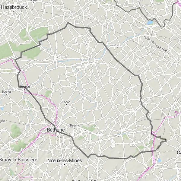 Miniature de la carte de l'inspiration cycliste "Le Tour des Villages" dans la Nord-Pas de Calais, France. Générée par le planificateur d'itinéraire cycliste Tarmacs.app