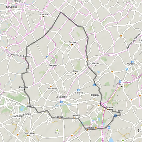 Miniature de la carte de l'inspiration cycliste "Boucle entre Annoeullin et Provin" dans la Nord-Pas de Calais, France. Générée par le planificateur d'itinéraire cycliste Tarmacs.app