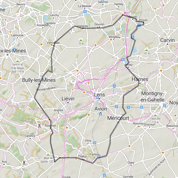 Map miniature of "The Mining Heritage Route" cycling inspiration in Nord-Pas de Calais, France. Generated by Tarmacs.app cycling route planner