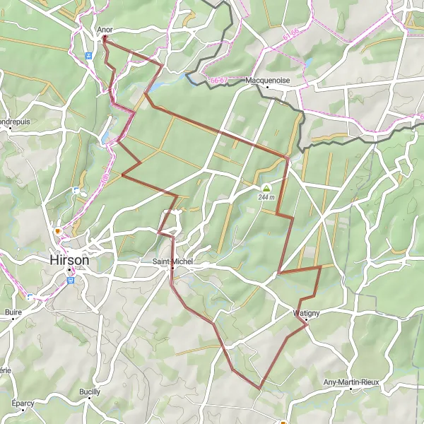 Miniature de la carte de l'inspiration cycliste "Parcours de 39 km en gravel autour d'Anor" dans la Nord-Pas de Calais, France. Générée par le planificateur d'itinéraire cycliste Tarmacs.app