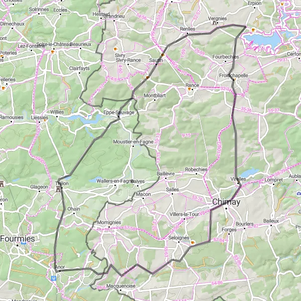 Map miniature of "Anor and the Treasures of Northern France" cycling inspiration in Nord-Pas de Calais, France. Generated by Tarmacs.app cycling route planner