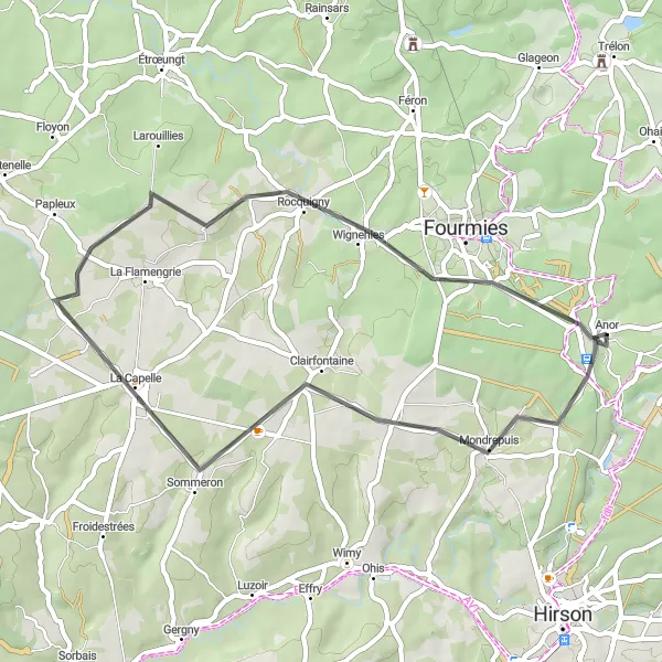 Miniature de la carte de l'inspiration cycliste "Le Circuit des Vallées Avesnoises" dans la Nord-Pas de Calais, France. Générée par le planificateur d'itinéraire cycliste Tarmacs.app
