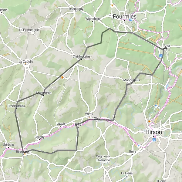 Map miniature of "Anor and Serene Sceneries" cycling inspiration in Nord-Pas de Calais, France. Generated by Tarmacs.app cycling route planner