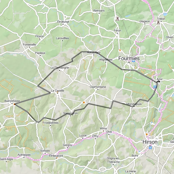 Miniature de la carte de l'inspiration cycliste "Boucle cyclable de 51 km autour d'Anor" dans la Nord-Pas de Calais, France. Générée par le planificateur d'itinéraire cycliste Tarmacs.app