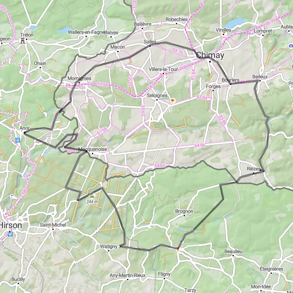 Miniature de la carte de l'inspiration cycliste "Tour à vélo de 74 km entre Anor et Macquenoise" dans la Nord-Pas de Calais, France. Générée par le planificateur d'itinéraire cycliste Tarmacs.app