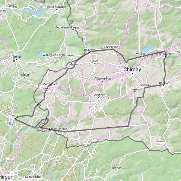 Miniature de la carte de l'inspiration cycliste "Le Tour des Villages de l'Avesnois" dans la Nord-Pas de Calais, France. Générée par le planificateur d'itinéraire cycliste Tarmacs.app