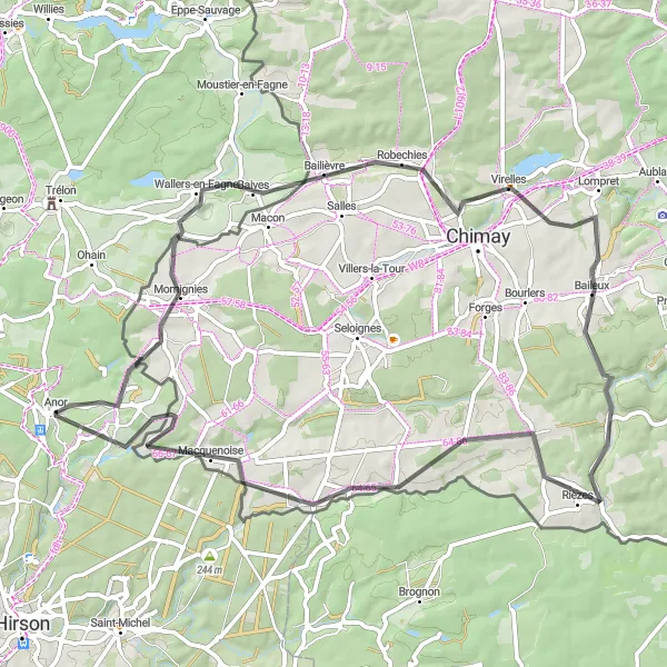 Miniature de la carte de l'inspiration cycliste "Les Collines d'Anor" dans la Nord-Pas de Calais, France. Générée par le planificateur d'itinéraire cycliste Tarmacs.app