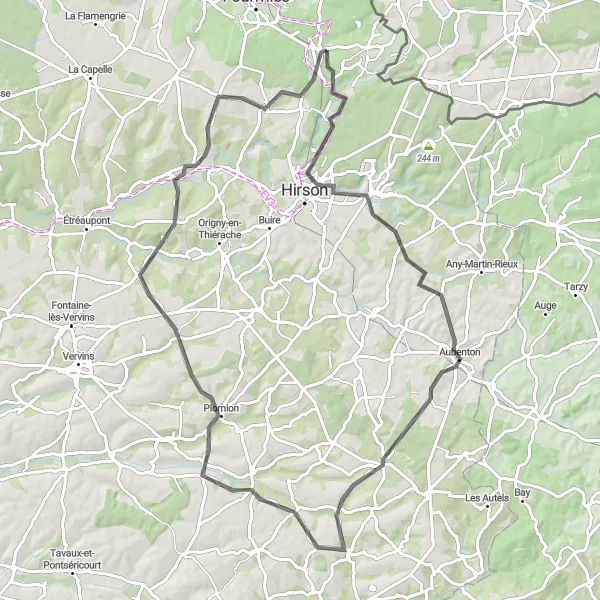Miniature de la carte de l'inspiration cycliste "Circuit des vallées vers Hirson" dans la Nord-Pas de Calais, France. Générée par le planificateur d'itinéraire cycliste Tarmacs.app