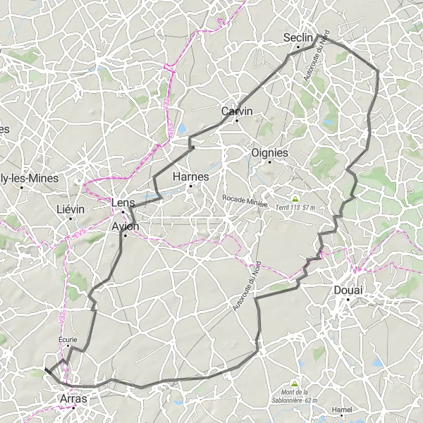 Map miniature of "The Avion Loop" cycling inspiration in Nord-Pas de Calais, France. Generated by Tarmacs.app cycling route planner