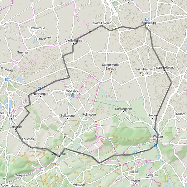 Miniature de la carte de l'inspiration cycliste "Itinéraire des Falaises de Zouafques" dans la Nord-Pas de Calais, France. Générée par le planificateur d'itinéraire cycliste Tarmacs.app