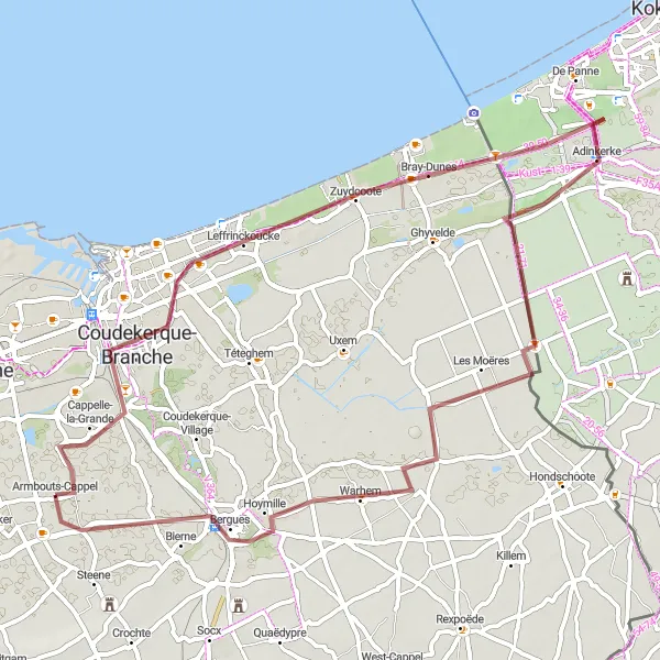 Miniature de la carte de l'inspiration cycliste "La Boucle de la Côte Flamande" dans la Nord-Pas de Calais, France. Générée par le planificateur d'itinéraire cycliste Tarmacs.app