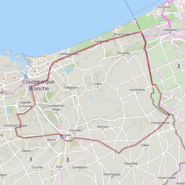 Miniature de la carte de l'inspiration cycliste "Les Dunes du Nord" dans la Nord-Pas de Calais, France. Générée par le planificateur d'itinéraire cycliste Tarmacs.app