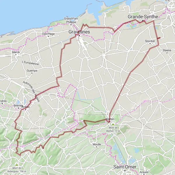Miniature de la carte de l'inspiration cycliste "Parcours de Gravel autour d'Armbouts-Cappel" dans la Nord-Pas de Calais, France. Générée par le planificateur d'itinéraire cycliste Tarmacs.app
