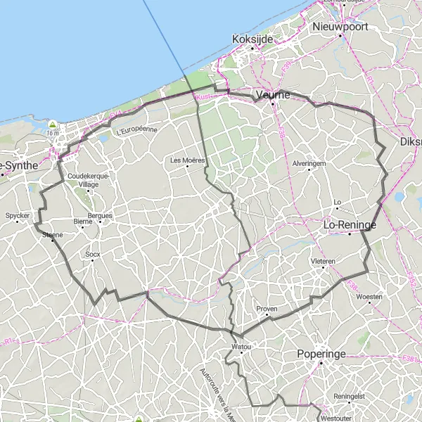 Miniature de la carte de l'inspiration cycliste "La Côte des Flandres en Boucle" dans la Nord-Pas de Calais, France. Générée par le planificateur d'itinéraire cycliste Tarmacs.app