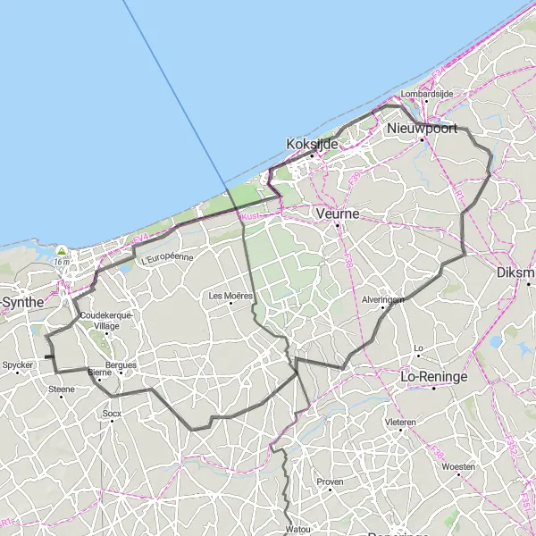 Miniature de la carte de l'inspiration cycliste "Le Tour de la Côte des Dunes" dans la Nord-Pas de Calais, France. Générée par le planificateur d'itinéraire cycliste Tarmacs.app