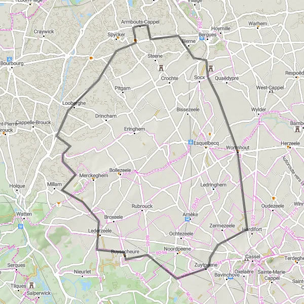 Miniature de la carte de l'inspiration cycliste "La Route des Collines Flamandes" dans la Nord-Pas de Calais, France. Générée par le planificateur d'itinéraire cycliste Tarmacs.app
