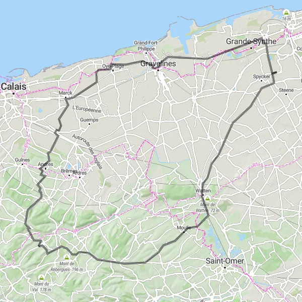 Miniature de la carte de l'inspiration cycliste "Le Tour des Monts près d'Armbouts-Cappel" dans la Nord-Pas de Calais, France. Générée par le planificateur d'itinéraire cycliste Tarmacs.app