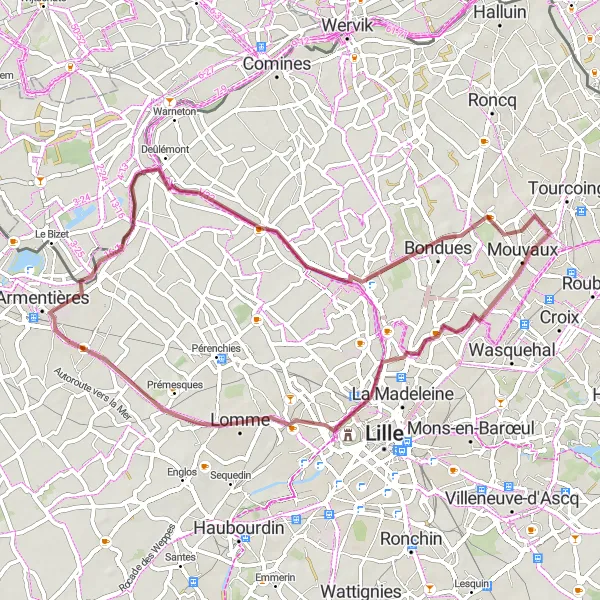 Map miniature of "Gravel Discovery Tour of Armentières Surroundings" cycling inspiration in Nord-Pas de Calais, France. Generated by Tarmacs.app cycling route planner