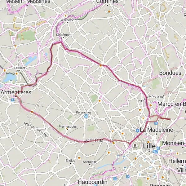Miniature de la carte de l'inspiration cycliste "Circuit gravel de Quesnoy-sur-Deûle à La Chapelle-d'Armentières" dans la Nord-Pas de Calais, France. Générée par le planificateur d'itinéraire cycliste Tarmacs.app