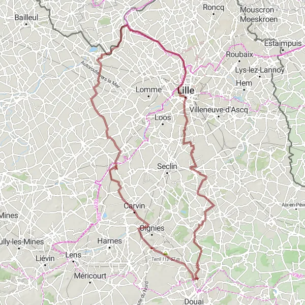 Map miniature of "The Great Gravel Discovery" cycling inspiration in Nord-Pas de Calais, France. Generated by Tarmacs.app cycling route planner