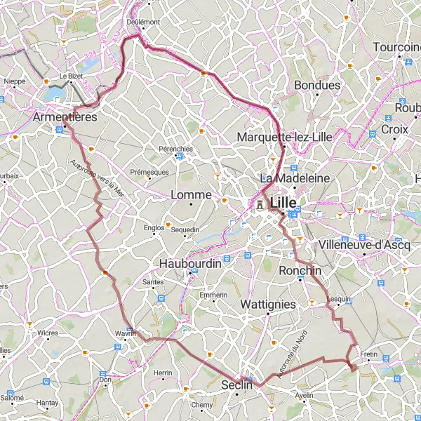 Miniature de la carte de l'inspiration cycliste "Parcours à gravel de la route Houplines-Lille" dans la Nord-Pas de Calais, France. Générée par le planificateur d'itinéraire cycliste Tarmacs.app