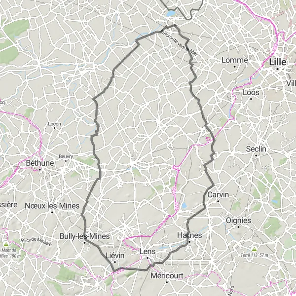 Map miniature of "The Armentières Loop" cycling inspiration in Nord-Pas de Calais, France. Generated by Tarmacs.app cycling route planner