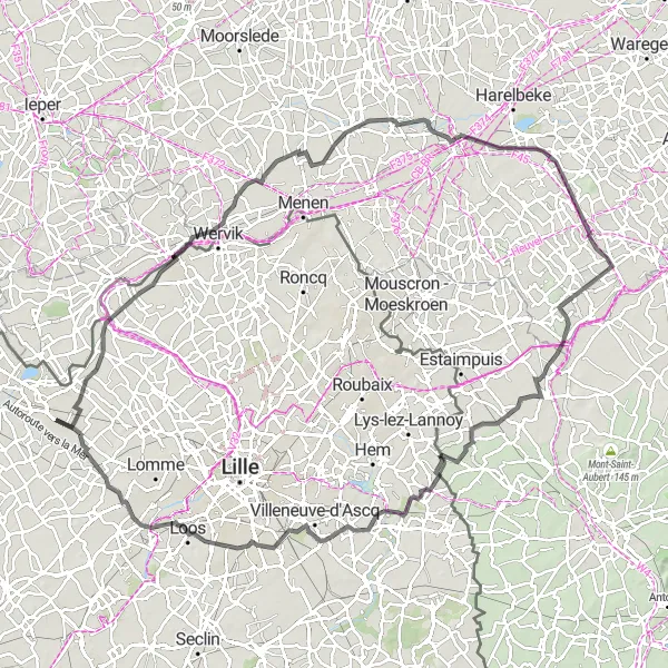 Miniature de la carte de l'inspiration cycliste "Boucle cycliste routière de Deûlémont à Ennetières-en-Weppes" dans la Nord-Pas de Calais, France. Générée par le planificateur d'itinéraire cycliste Tarmacs.app