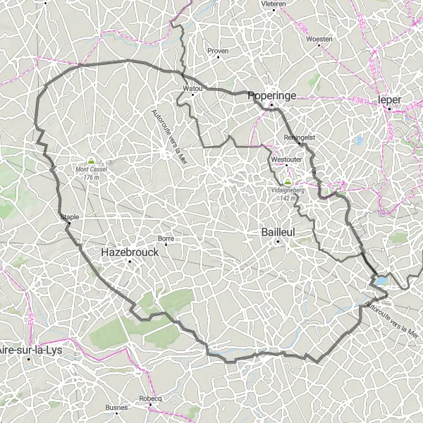 Map miniature of "Challenging Road Cycling Loop through Armentières" cycling inspiration in Nord-Pas de Calais, France. Generated by Tarmacs.app cycling route planner