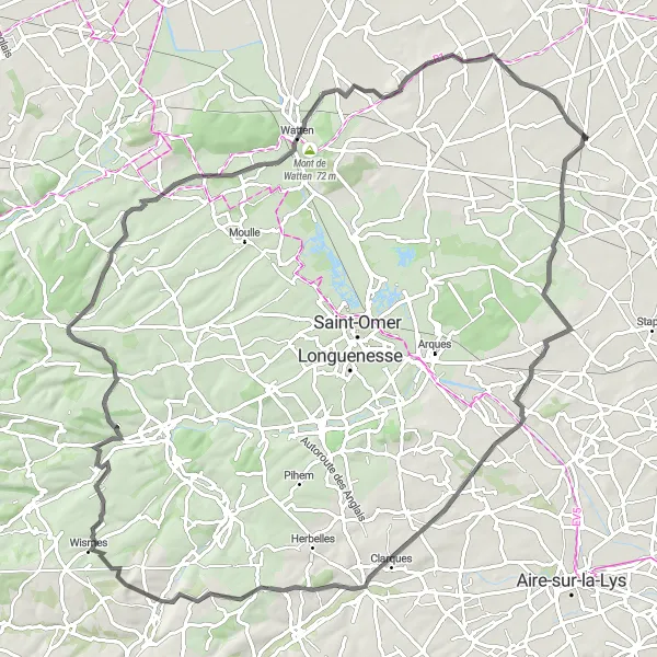 Miniature de la carte de l'inspiration cycliste "Mont de Watten - Bayenghem-lès-Seninghem" dans la Nord-Pas de Calais, France. Générée par le planificateur d'itinéraire cycliste Tarmacs.app