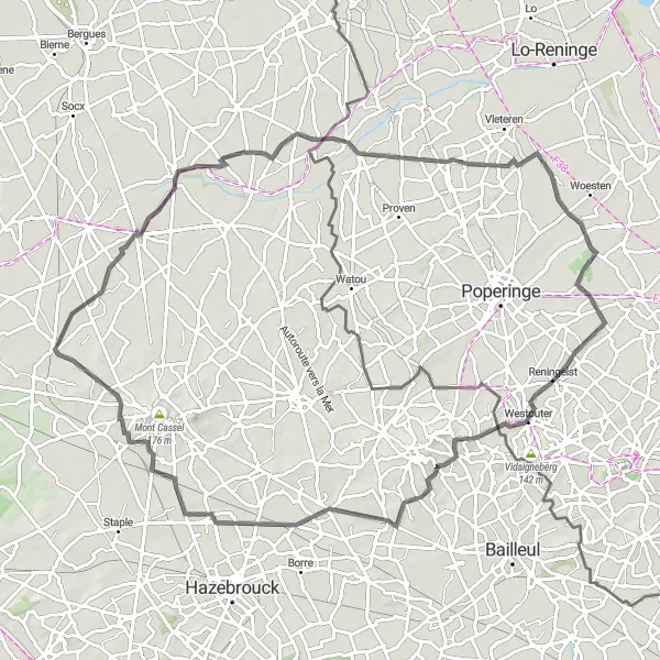 Miniature de la carte de l'inspiration cycliste "Tour de Reninghelst - Caëstre" dans la Nord-Pas de Calais, France. Générée par le planificateur d'itinéraire cycliste Tarmacs.app