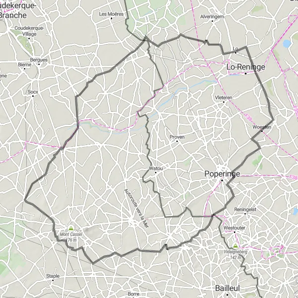 Miniature de la carte de l'inspiration cycliste "Parcours vallonné au départ d'Arnèke" dans la Nord-Pas de Calais, France. Générée par le planificateur d'itinéraire cycliste Tarmacs.app