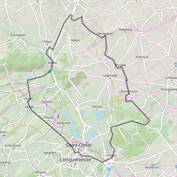 Miniature de la carte de l'inspiration cycliste "Route Verte vers Clairmarais" dans la Nord-Pas de Calais, France. Générée par le planificateur d'itinéraire cycliste Tarmacs.app