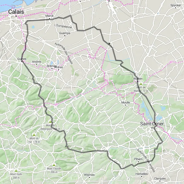 Miniature de la carte de l'inspiration cycliste "L'Excursion à Guînes" dans la Nord-Pas de Calais, France. Générée par le planificateur d'itinéraire cycliste Tarmacs.app