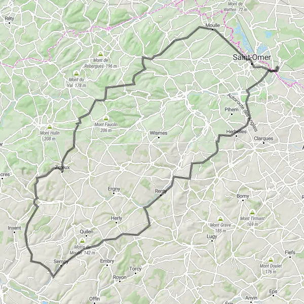 Miniature de la carte de l'inspiration cycliste "Les Monts et Villages du Nord" dans la Nord-Pas de Calais, France. Générée par le planificateur d'itinéraire cycliste Tarmacs.app