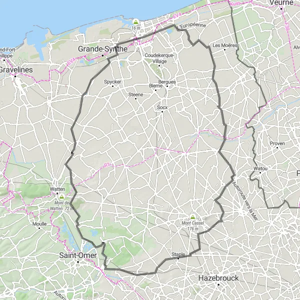 Miniature de la carte de l'inspiration cycliste "Le Tour de la Montagne de Saint-Momelin" dans la Nord-Pas de Calais, France. Générée par le planificateur d'itinéraire cycliste Tarmacs.app