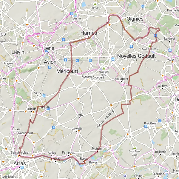 Map miniature of "Off the Beaten Path in Arras" cycling inspiration in Nord-Pas de Calais, France. Generated by Tarmacs.app cycling route planner