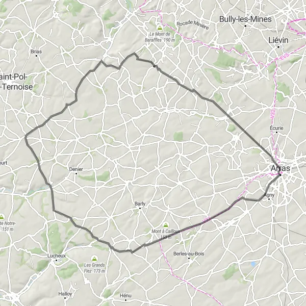 Map miniature of "Scenic Road Cycling in and around Arras" cycling inspiration in Nord-Pas de Calais, France. Generated by Tarmacs.app cycling route planner