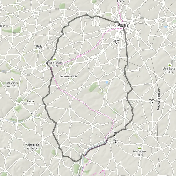 Map miniature of "Exploring the Countryside of Beaurains" cycling inspiration in Nord-Pas de Calais, France. Generated by Tarmacs.app cycling route planner