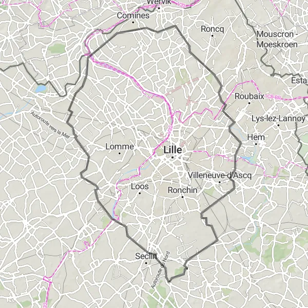 Miniature de la carte de l'inspiration cycliste "Les collines de la campagne nordiste" dans la Nord-Pas de Calais, France. Générée par le planificateur d'itinéraire cycliste Tarmacs.app