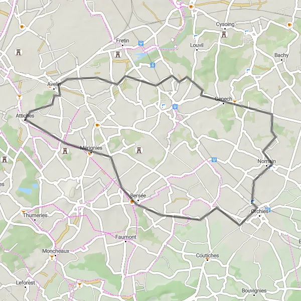 Miniature de la carte de l'inspiration cycliste "Le Circuit des Villages" dans la Nord-Pas de Calais, France. Générée par le planificateur d'itinéraire cycliste Tarmacs.app