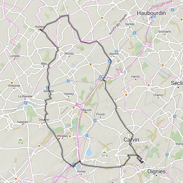 Map miniature of "Fromelles and Pont-à-Vendin Loop" cycling inspiration in Nord-Pas de Calais, France. Generated by Tarmacs.app cycling route planner