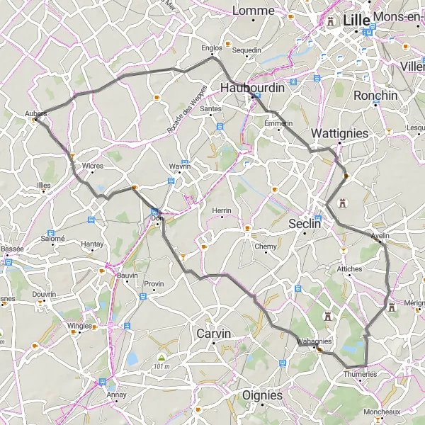 Map miniature of "Haubourdin and Sainghin-en-Weppes Circuit" cycling inspiration in Nord-Pas de Calais, France. Generated by Tarmacs.app cycling route planner