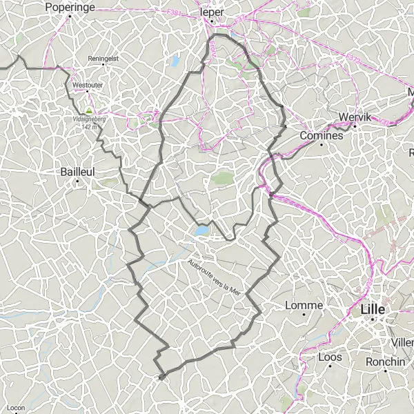 Map miniature of "Ennetières-en-Weppes and Houthem Loop" cycling inspiration in Nord-Pas de Calais, France. Generated by Tarmacs.app cycling route planner